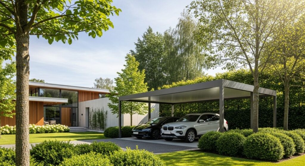 Modern residential carport providing weather protection for vehicles with a clean, durable structure installed near a contemporary home in Melbourne Florida.
