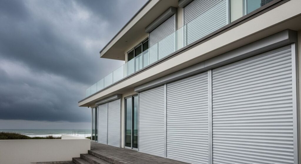 Modern coastal home equipped with high performance hurricane storm shutters for protection against severe weather in Melbourne Florida.