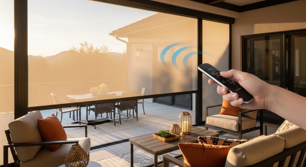 Modern patio with a motorized retractable screen operated by remote control, providing shade and privacy in a residential outdoor living space.