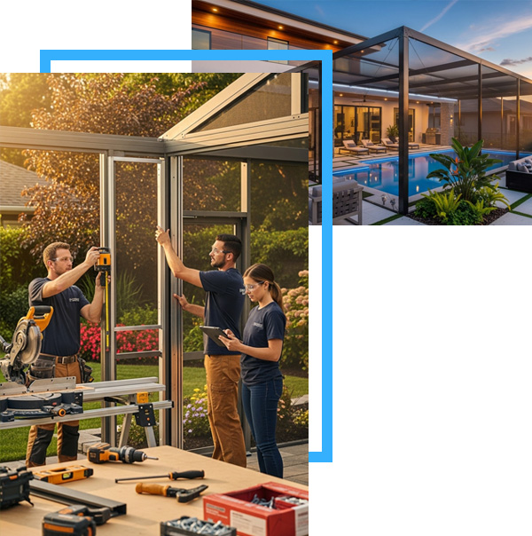 Technicians installing a high quality aluminum screen enclosure at a home in Melbourne FL, showcasing craftsmanship by Miller & Miller Services LLC.